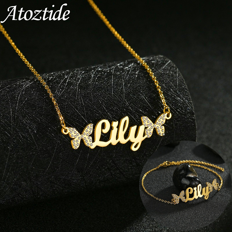 Custom Name Necklace Stainless Steel - Atoztide Dostosowany zestaw biżuterii Naszyjniki Bransoletki