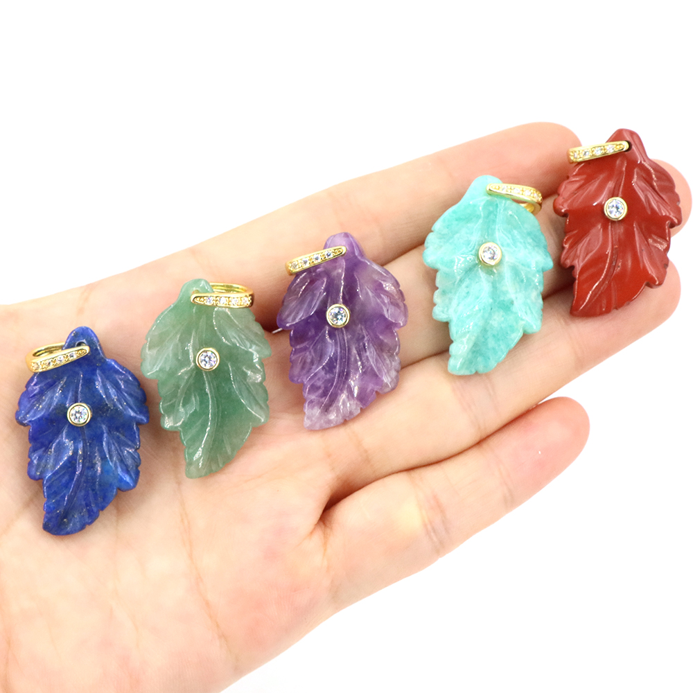 Crystal Pendant Necklace Natural Stone - Naturalny kamień, kryształowy liść z cyrkonią,