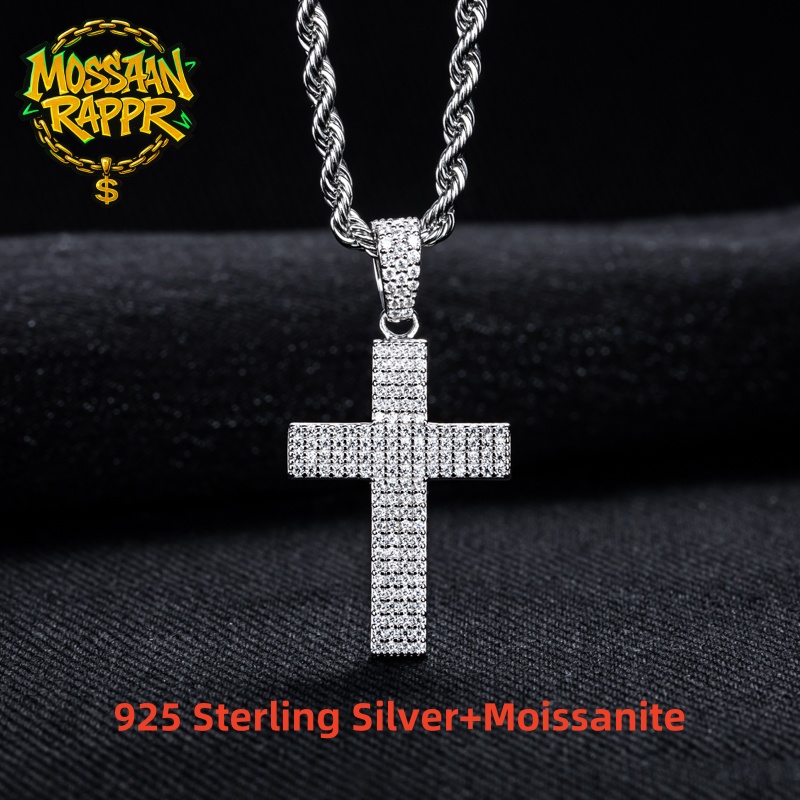 925 Sterling Silver Chain Necklace Men - MossanRappr Moissanite Bling Krzyż Wisiorek Lodowy